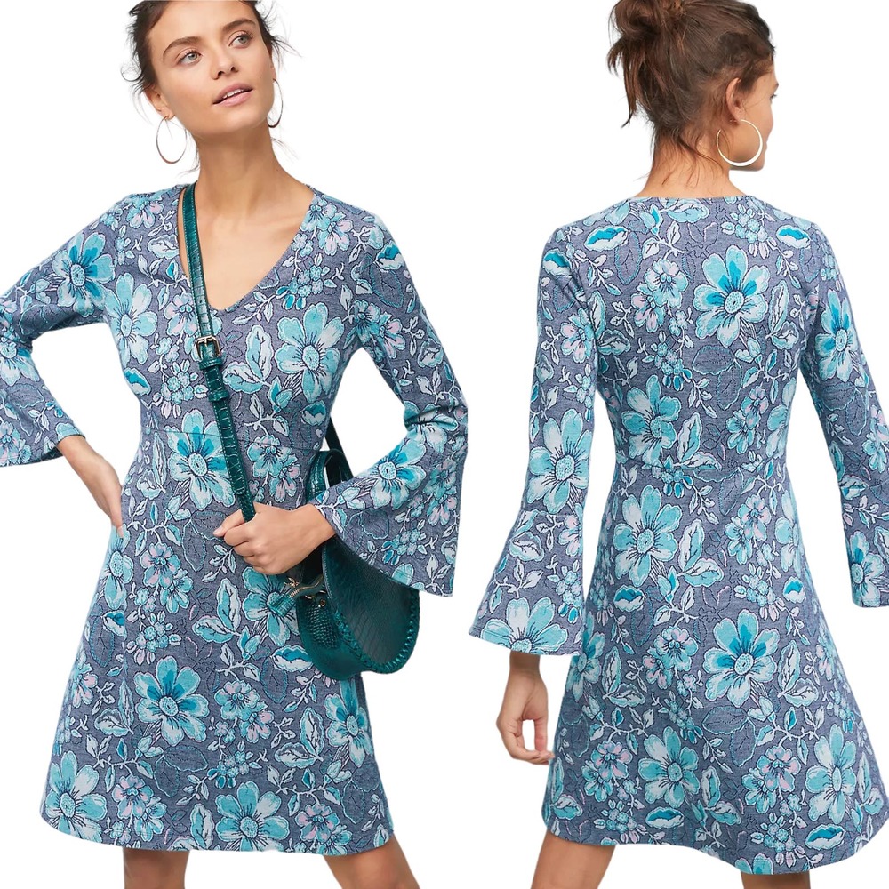 Anthropologie Maeve Floral Print Knit Fit & Flare Mini Dress Bell Sleeve Blue M